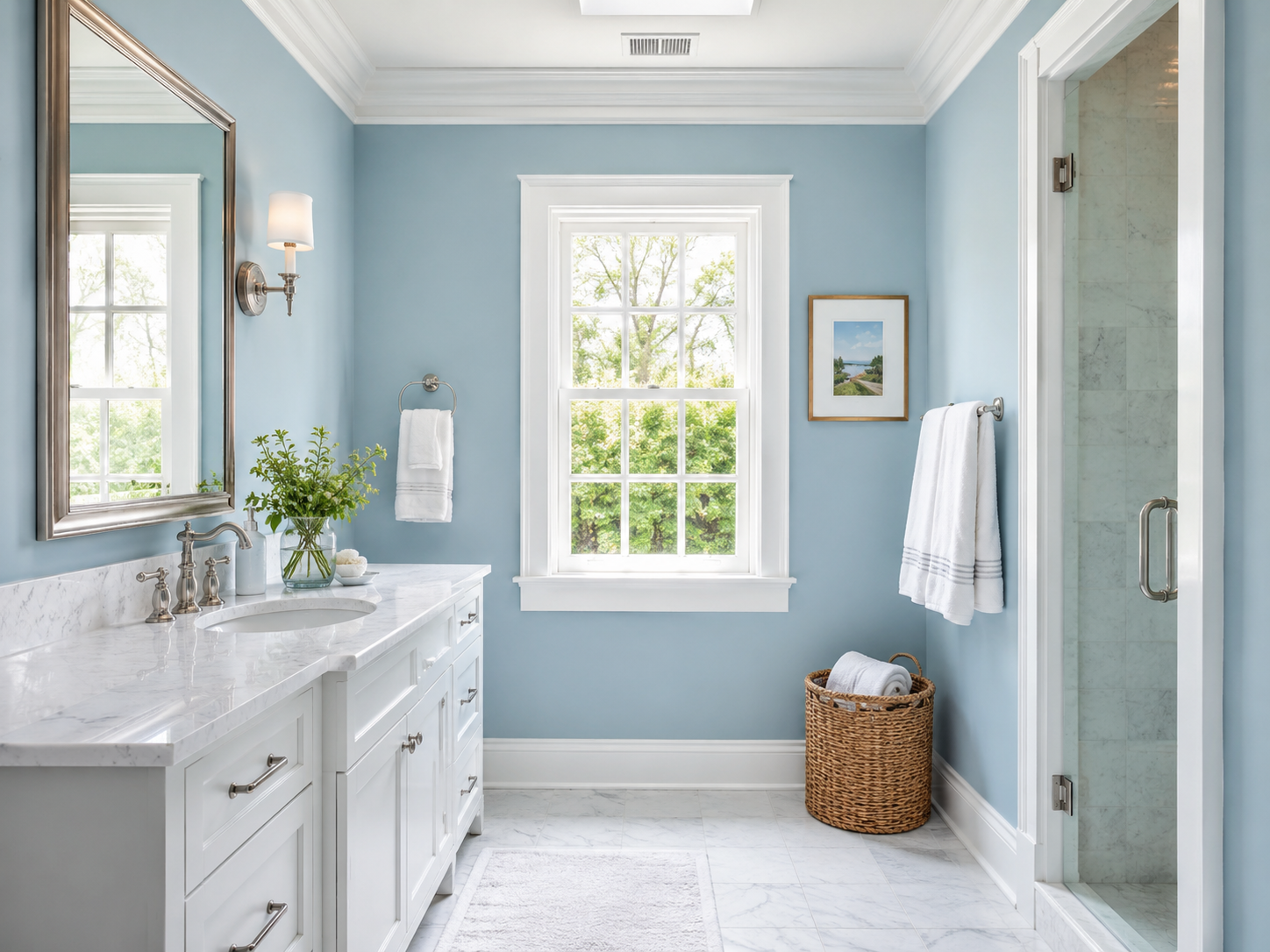 Master bathroom with serene sky blue walls and crisp white trim