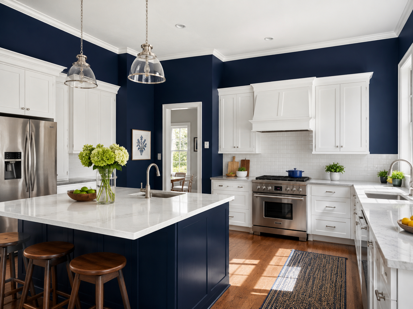 Kitchen with deep navy blue walls and white cabinetry