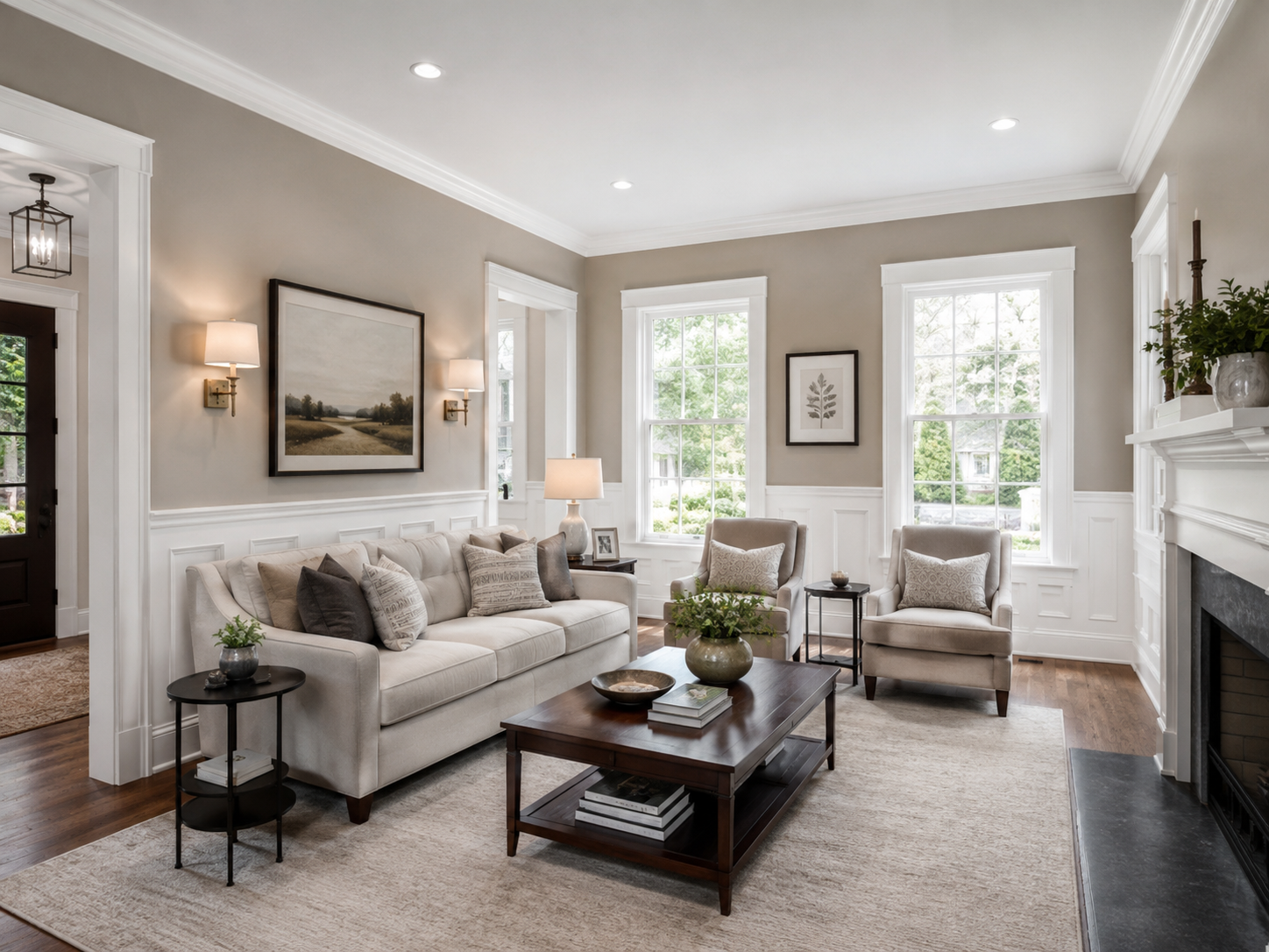 Living room with warm greige walls and white wainscoting