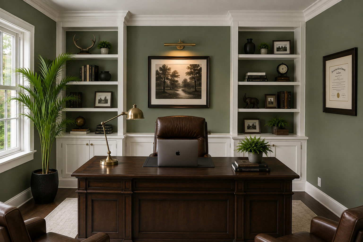 Home office with olive sage walls and white built-in shelving
